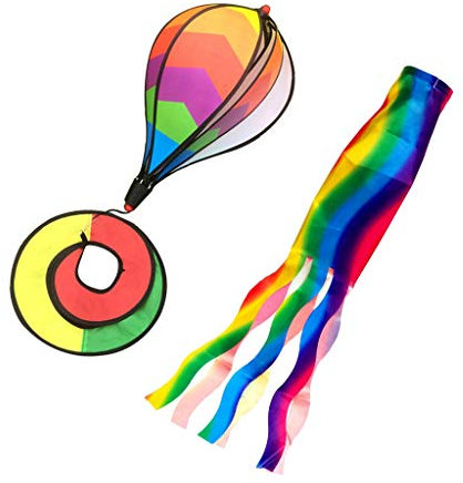 Easnea 2Pcs Rainbow Windsocks Spinner Flag Outdoor Windsock Streamer Hanging Decor for Garden Patio Festival - Tassels & Hot Air Balloon