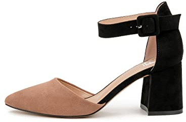 Tacones, Zapatos de tacón con Tiras, Beige/Negro, Microfibra, 7.5 cm Tacón Bloque, A0142-22 (Beige/Negro, 37 EU)