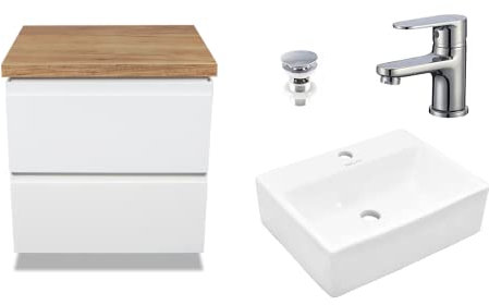 VBChome Badmöbel Set 50 cm, Weiß Hochglanz, Aufsatzwaschbecken mit Hahnloch (39x30 cm), Chrom Armatur, Waschbeckenunterschrank mit 2 Schubladen, modernes Design für Badezimmer