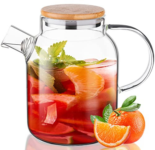 ParaCity Wasserkaraffe 1.8 Liter, Glaskaraffe mit Deckel und Filter, Karaffe Glas mit Großem Ausguss, Einfach zu Reinigender Wasserkrug für Limonade, Saft, Getränke, Heißes/Kaltes Wasser, Transparent