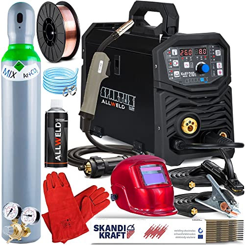 ALLWELD Spartus EasyMIG 210S - Vollsynergisches Inverter Schweißgerät 4 in 1 - MIG MAG Schweißgerät mit Schutzgas und Fülldraht mit WIG-LIFT und MMA, Set zum Auswählen:ProfessionalPlus