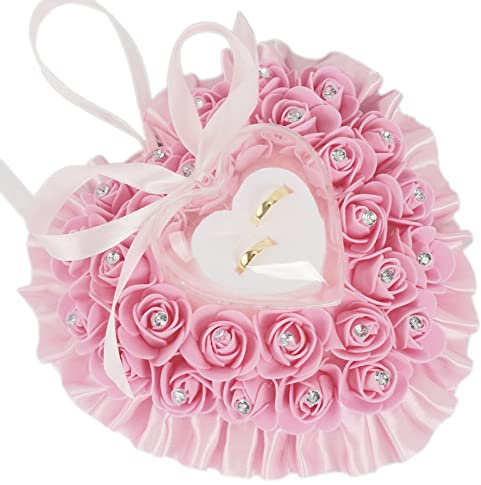Wambere Cojín de anillo de boda, cojín de anillo, caja de anillo de boda, cojín romántico con forma de corazón de rosas, cojín de anillo de boda, soporte de regalo, decoración, 18 x 19 cm, rosa