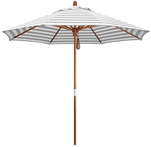 Gartenschirm Ø 270 cm Groß mit Sonnenschutz UV-Schutz Wasserfest, Grau-weiß Streifen Strandschirm aus Holz, Terrassenschirm Marktschirm für Garten, Balkon, Terrasse