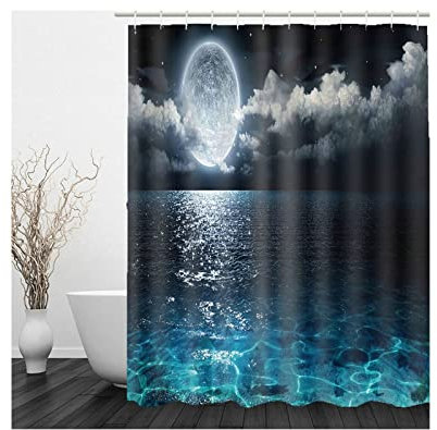 Whoiy Duschvorhang Polyester, Duschvorhänge Textil 165X180cm Bath Curtains Der Mond Dunkelblau Waschbar Wasserdicht