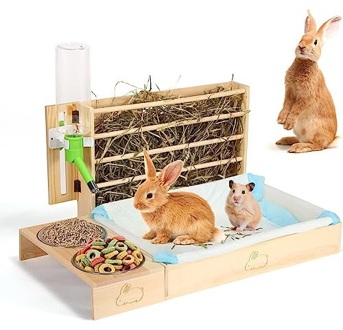BBTISG Kaninchen Heu Futterspender Heuraufe Kaninchen 4 in 1 Multifunktionale große Heuraufe Holz Futterspender mit Katzentoilette und Schüsseln, Heuhalter, Toilette, Wasserspender