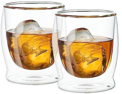 Oggi Whiskey Sipping Double Wall Insulated Glass, Ideal for Whiskey Brandy Tequila Mescal Old Fashioned Bourbon, Stays Cool Longer Even Outdoors, Visually Stunning, 10oz / 300ml, Set of 2