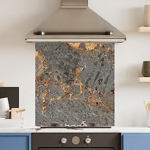 Premium 70 cm x 75cm Grey Marble Glass 6mm Kitchen Splashback Heat Resistant Toughened Polished Edges - Back Splash Back Coloured Hob Painted Tempered Splashback