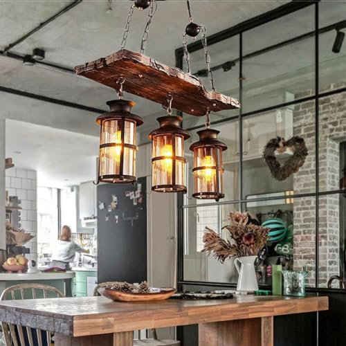 DHGIE Rustikale Holz Pendelleuchte Vintage Vintage Pendellampe E27 Industrie Kronleuchter Schwarz Eisen Glas Lampenschirm Höhenverstellbare Hängelampe Retro Rustikal Loft Esszimmer Wohnzimmer Bar (Gr