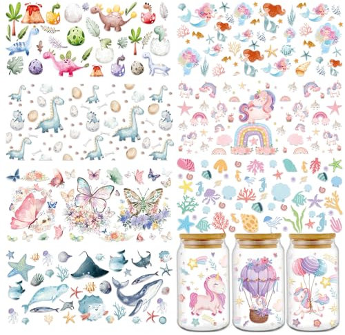 Rngmsi UV DTF Cup Wrap Transfer Stickers for Glass 8 Sheets Animal Rub on Transfers for Crafting Dinosaur Unicorn Mermaid Sea Animal Waterproof Rub on Transfer Sticker for 16oz Glass Cups Wood Crafts