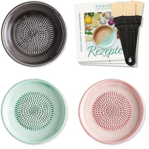 evergrate Keramikreibe 3er Verschenkset - Anthrazit, Mint, Rosé mit Küchenpinseln und Rezeptheften