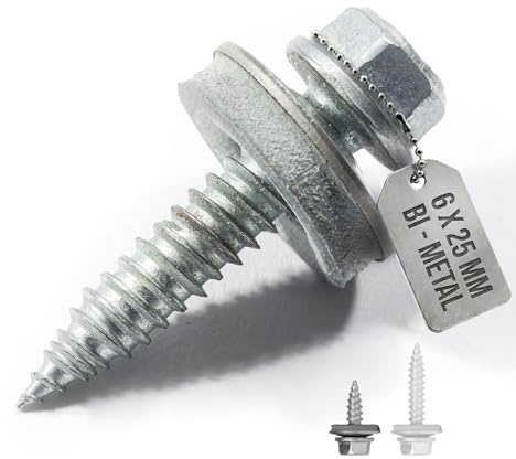 VOOXA 100St Dünnblechschrauben 6x25mm Grobgewinde Bi-Metall: A2+Stahlspitze | Bi-Metall Edelstahl A2 mit Stahlspitze | EPDM-Dichtscheibe | 6,0x25mm,SW8, ETA-Zulassung