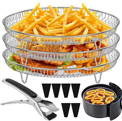 Air Fryer Rack Round for Ninja 3 Layer Air Fryer Accessories Stacking Rack Stainless Steel Air Fryer Basket Tray Bacon Racks with 4 Feet 1 Clip Multi-Layer Dehydrator Rack for Baking Roasting Oven