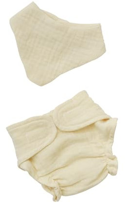 Heless 420 - Puppenkleidung aus Musselin, 100 Prozent Bio-Baumwolle, 2-teiliges Set mit Stoffwindel und Lätzchen in Ecru für Puppen und Kuscheltiere der Größe 35-45 cm
