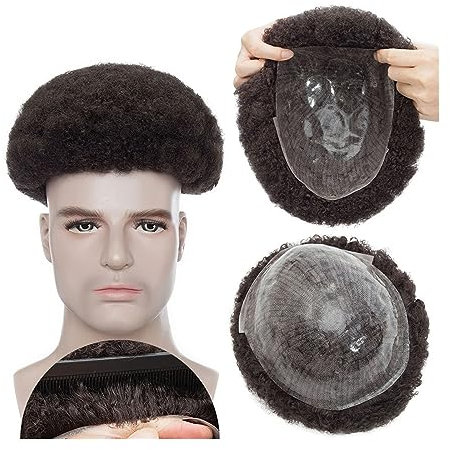Pelucas para Hombre Afro Toupee for hombres negros, 6 mm Afro Kinky Curl Peluca de pieza de cabello for hombre 8X10 Base completa de PU V-loop Prótesis de cabello masculino 130% Densidad Real Human M