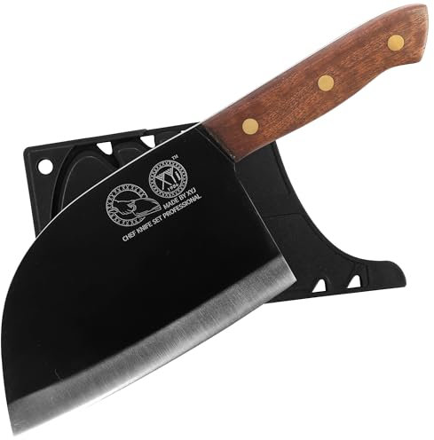 XYJ Coltello da chef serbo da 7 pollici con fodera, acciaio inossidabile, coltello da macellaio forgiato, Full Tang, carne taglierina per tagliare carne, coltello da cucina cinese, manico in legno