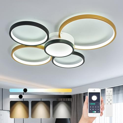 WSXEDC Moderne LED Deckenleuchte, Gold Schwarz 5 Ring Wohnzimmer Deckenleuchten 75W 3000K-6000K Schlafzimmer Deckenlampe Restaurant Innendeckenleuchte Dimmbar Mit Fernsteuerung