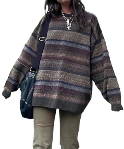 Women Vintage Striped Sweaters Preppy Style Crewneck Long Sleeve Oversized Pullover Tops Downtown Girl Aesthetic Clothes (Brown, XL)
