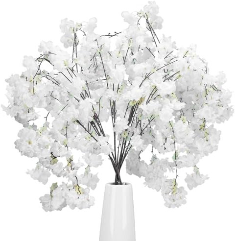 HUAESIN 6PCS Kirschblütenzweige Deko Kirschblüten Künstliche Blumen Sakura Plastikblumen Kirschblüten Weiß Kunstblumen Frühling 134cm Kirschzweige Künstlich Zweige für Topf Vase Büro Garten Party