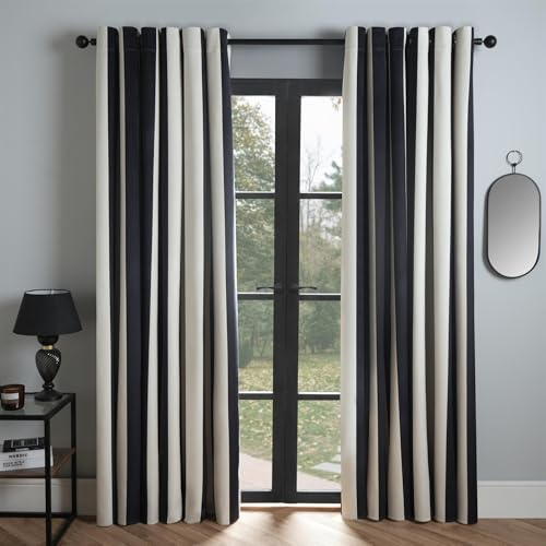 OHS 2 Panel Ultra Blackout Curtains Stripes Print Velvet, Bedroom Curtains Eyelet Ring Top Noise Reducing Thermal Insulated Curtain For Living Room, Monochrome-90x90