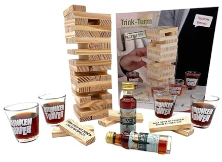 Bambelaa! Trinkspiel Wackelturm Drunken Tower inkl vier Trinkgläser (Deutsche Version) Ariramba Milder Kräuterlikör (2 x20ml) Geschenkidee Partyspiel Schnaps Witziges Geschenk mit Alkohol