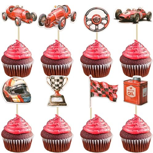 Gyufise 36Pcs Race Car Cupcake Toppers Racing Car Party Cake Decorations for Race Car theme Baby Shower Birthday Party Decoration Supplies Red
