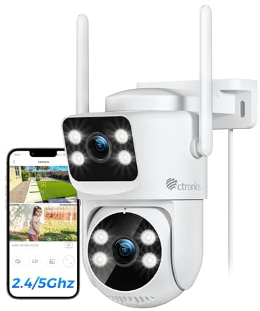 Ctronics Dual-Lens PTZ Überwachungskamera, 2.4/5Ghz WiFi NVR Kamera | CCTV Außenkamera mit Auto-Tracking, 30M Farbnachtsicht & 24/7 Aufnahme, Unterstützt PC/Tablet/Handy, 1920x1080P, IP66