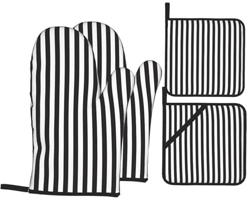 Set di 4 guanti da forno e presine a righe bianche e nere per la massima sicurezza e praticità in cucina