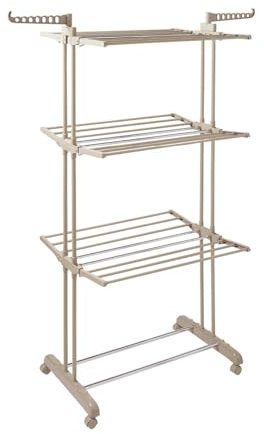 Tower 4 Tier Clothes Airer, Large Heavy Duty Laundry Drying Rack, Foldable Design with 18m Drying Space & 14 Hanger Slots, Indoor & Outdoor Use, Collapsible with Integrated Wheels, Latte
