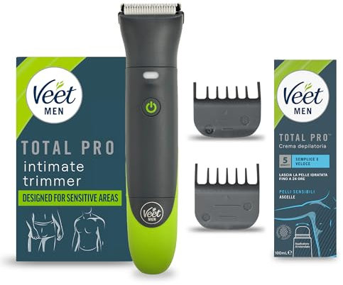 Veet Men Intimate Trimmer TOTAL PROTM, Rasoio elettrico uomo corpo e parti intime, 1 testina per zona intima e corpo e 2 pettini guida, Rifinitura precisa, Cordless + Crema Ascelle 100 ml