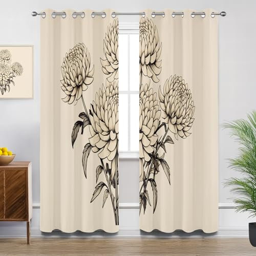 Chrysanthemum Eyelet Curtains - Floral Botanical Minimalism Blackout Curtains for Living Room Bedroom, Thermal Insulated Soundproof Short Curtain, W66 X D54, 2 Panels Drapes Room Decorations