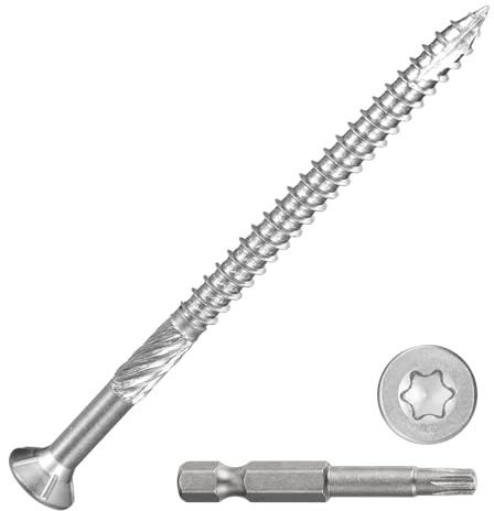 DTGN 100Pack #10x3 Deck Wood Screws kit 410 Stainless Steel Silver | Wood Screws Epoxy-Coated Decking Screws W/ T25 Torx Star Drive Bit,Good for Deck,Fences,Frames,Farms,Outdoor Furniture