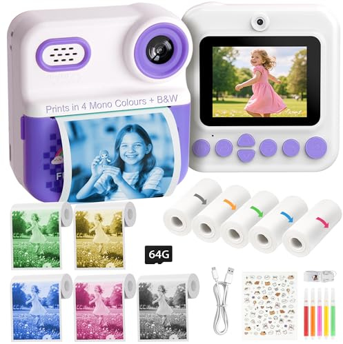 Kids Instant Print Camera – 5 Mono Colour & B&W Printing, No Ink Thermal Technology, 64GB Included, 48MP Dual Lens, 1080P HD, Creative Gift for Girls & Boys Age 3–12 (Purple)