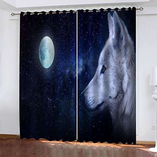 Vorhang Blickdicht 3D Sternenhimmel, Vollmond, Tier, Wolf Gardinen Mit Ösenvorhang 2Er Set 200x160Cm Verdunkelungs Kindervorhänge Für Wohnzimmer Schlafzimmer Kinderzimmer Deko, Blickdichte Verdunkl