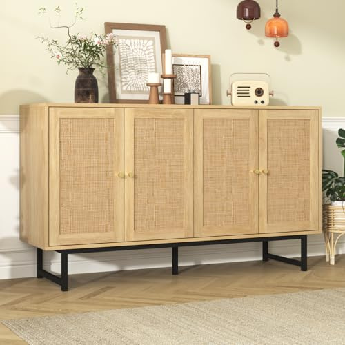 OLIVIBED Rattan Sideboard, Kommode mit 4 Schiebetüren und Offenes Fach, Esszimmeranrichte mit Griffe und Beine, für Wohnzimmer, Esszimmer, Küche, Landhausstil, Holzfarbe, 155x38x80cm