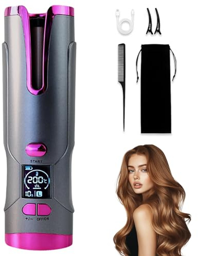 Ferro arricciacapelli automatico, portatile, senza fili, automatico, rotante, in ceramica, 6 livelli di temperatura con ricarica USB da 5200 mAh, per grandi ricci piccoli (grigio)