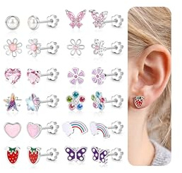 12 Pares Pendientes Niña Plata Hipoalergenicos Pendientes Acero Inoxidable | Acero Quirúrgico Pendiente Chapado En Oro 14K Pequeños con Trasera Plana Regalo de Joyería Niñas bebe
