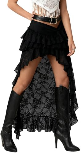 ensswliz Women Tiered Sheer Lace Maxi Skirt High Waist See Through Floral Mesh Long Skirt Clubwear Party Flowy A-Line Skirts (B-Black 3, L)