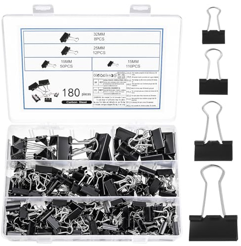 180 Pcs Pince Papier Clips, Pinces à Documents Bulldog Métal, Pinces Pliantes en Métal, Pince a Dessin pour Fournitures Bureau Papeterie Maison Papier à Lettre, noir, 15/19/25/32mm