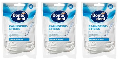 Zahnseide-Sticks ungewachst mit Zahnstocher, 3er Pack mit Etui, 40 Stück pro Packung, geschmacksneutral