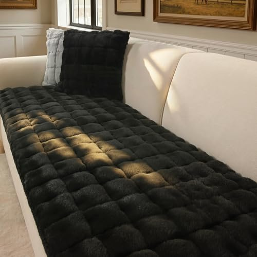OHSIO Sofa Überzug aus Kunstfell in Kaninchen-Optik, Rutschfester Couch Überzug für 1–4 Sitzer, superweicher Sofabezug, waschbar & haustierfreundlich(Schwarz, 70x210cm)