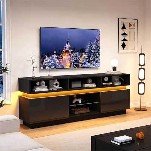 Merax TV-Schrank mit LED, Fernsehtisch, TV-ständer für Fernseher bis zu 60 Zoll, Hochglanz Sideboard mit 2 Schränke, Offene Ablagefächer, Glasböden, TV Bank für Wohnzimmer Schlafzimmer, 160cm, Schwarz
