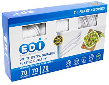 EDI [210 Piece] White Disposable Plastic Cutlery Set, Assorted - 70 Forks, 70 Knives, 70 Spoons | Extra Durable