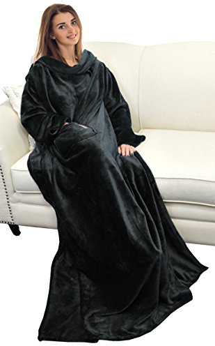 Catalonia, coperta in pile con maniche, micro peluche morbido visone, soffice coperta, coperta scialle per adulti, donne e uomini,185 x 130 cm, Microfibra, Black, 185cm x 130cm