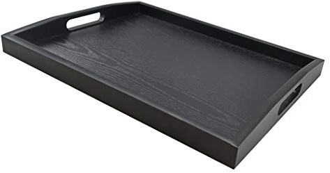 DILLMAN Trä serveringsbricka stor svart trä rektangel matbricka frukostbricka med handtag (medium)