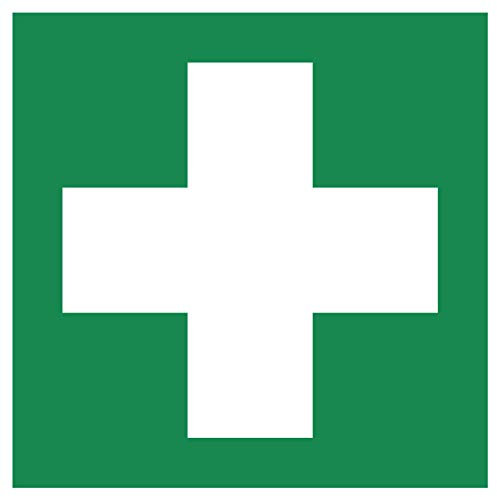 E003 Aufkleber für Erste Hilfe | Nachleuchtend nach DIN 67510 in grün | Selbstklebend Folie für Betriebe, Produktion & Kliniken | 150 x 150 mm | PlottFactory