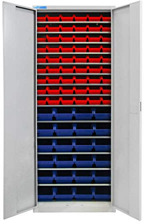 ADB Metall Flügeltürenschrank/Werkzeugschrank/Werkstattschrank/Metallschrank mit 78 Sichtlagerkästen, 710 x 300 x 1950 mm, Komplett verschweißt, Pulverbeschichtet | Werkzeug- & Werkstattschrank, 78 Sichtlagerkästen, komplett verschweißt & pulverbeschichtet, 710x300x1950 mm