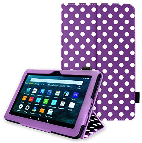 TECHGEAR Neue Amazon Fire HD 8, HD 8 Plus, Kinder, 2024/2022/2020 14. 12. 10. Generation Hülle - PU Leder Slim Hülle mit Ständer und Handschlaufe Schutzhülle Tasche - Lila Tupfen