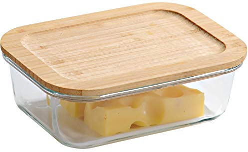 KESPER Aufbewahrungsglas mit Bambusdeckel – rechteckige Frischhaltedose aus Glas mit luftdichtem Verschluss, FSC-zertifiziert, stapelbar, Maße: 20 x 14,5 x 7 cm, 38022