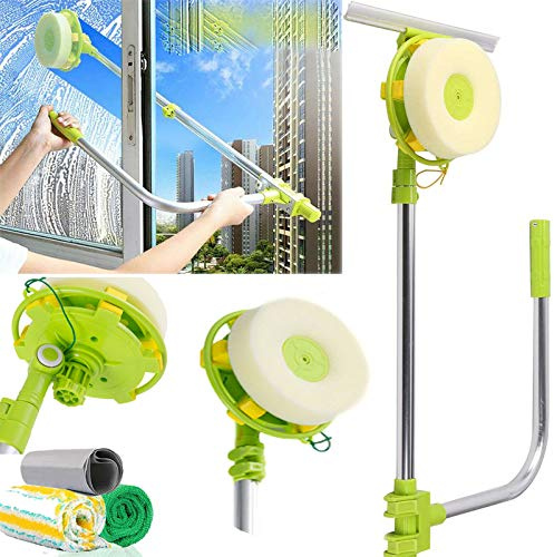 Extendable Window Squeegee with Rotating Head, High Rise Window Cleaner, 0.6-1.4M Extension Pole, 2-in-1 Sponge Squeegee Telescopic Window Cleaning Equipment, Long Handle Extendable Cleaner