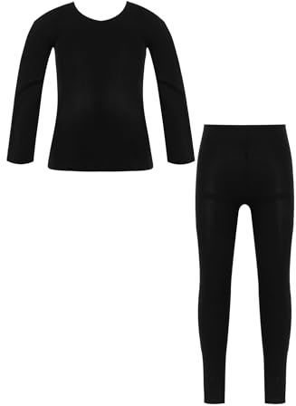 Freebily Tuta da Ginnastica Bambina per Danza Classica Balletto Maglietta a Manica Lunga con Collant da Ballo Velluto Felpa Maglia Calzamaglia Elastico Termica Invernali Nero 3-4 Anni